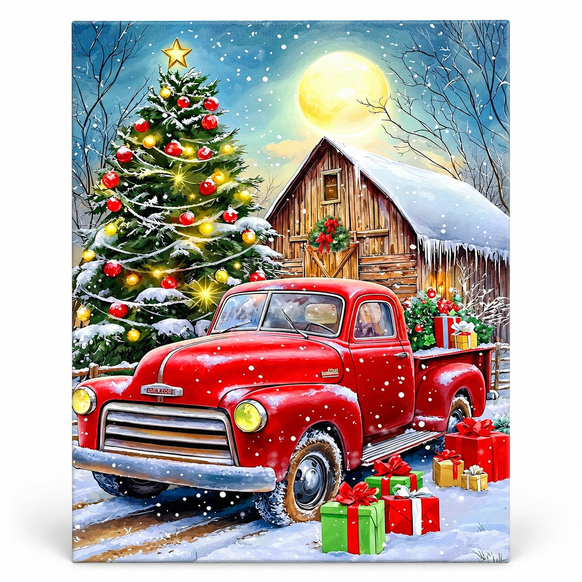 Moonlit Christmas Arrival Red Truck paint by numbers artwork on a front-facing canvas against a white background