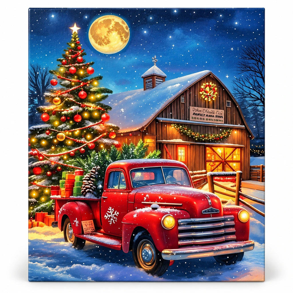 Moonlit Christmas Delivery Red Truck paint by numbers artwork on a front-facing canvas against a white background