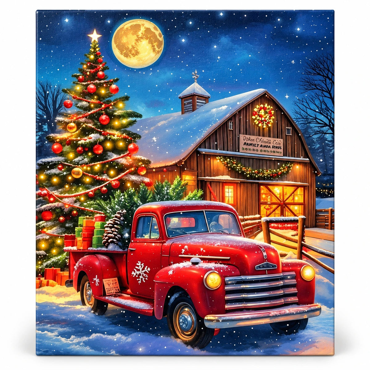 Moonlit Christmas Delivery Red Truck paint by numbers artwork on a front-facing canvas against a white background