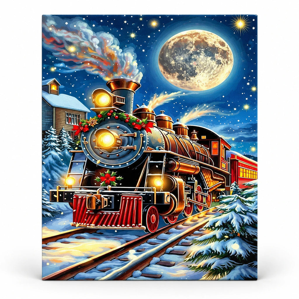 Moonlit Christmas Express Train paint by numbers artwork on a front-facing canvas against a white background