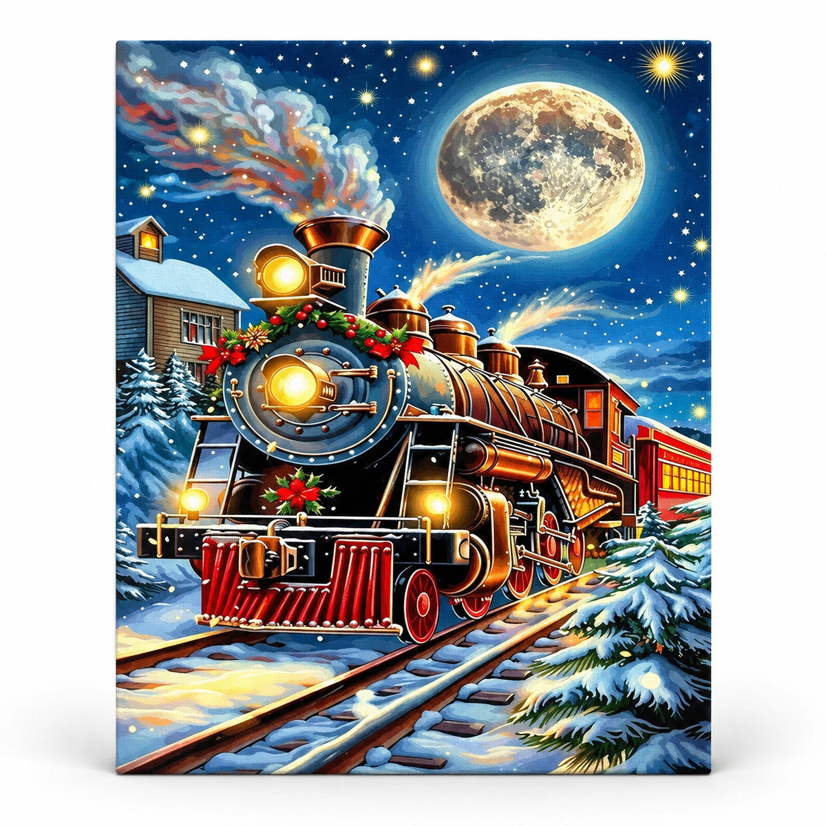 Moonlit Christmas Express Train paint by numbers artwork on a front-facing canvas against a white background