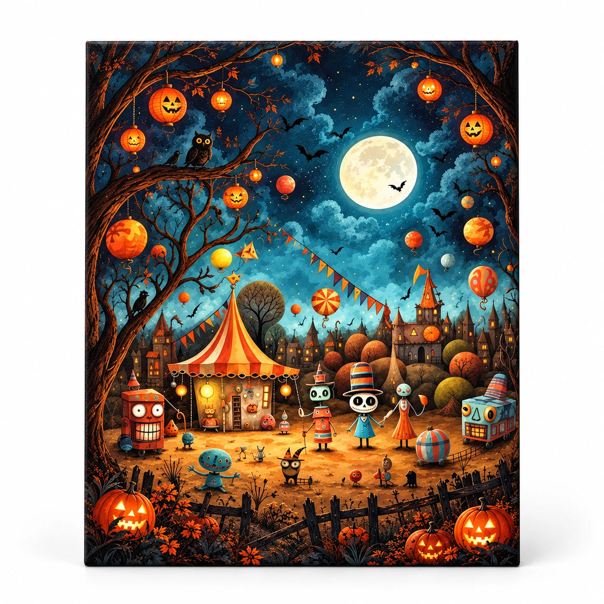 Moonlit Halloween Fair paint by numbers artwork on a front-facing canvas against a white background