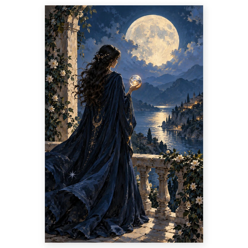 A dark-haired oracle in a flowing navy cloak gazes at a crystal ball on a stone terrace beneath a full moon overlooking a coastal town. Full original portrait artwork on a clean white background with a subtle soft shadow and original proportions preserved.