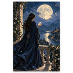 A dark-haired oracle in a flowing navy cloak gazes at a crystal ball on a stone terrace beneath a full moon overlooking a coastal town. Full original portrait artwork on a clean white background with a subtle soft shadow and original proportions preserved.