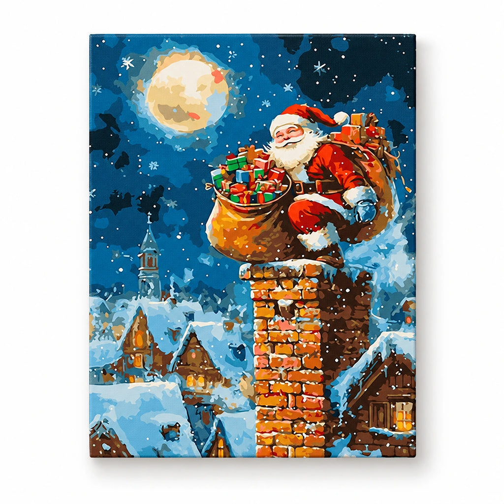 Moonlit Santa Delivery paint by numbers artwork on a front-facing canvas against a white background
