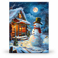 Moonlit Snowman Cabin paint by numbers artwork on a front-facing canvas against a white background