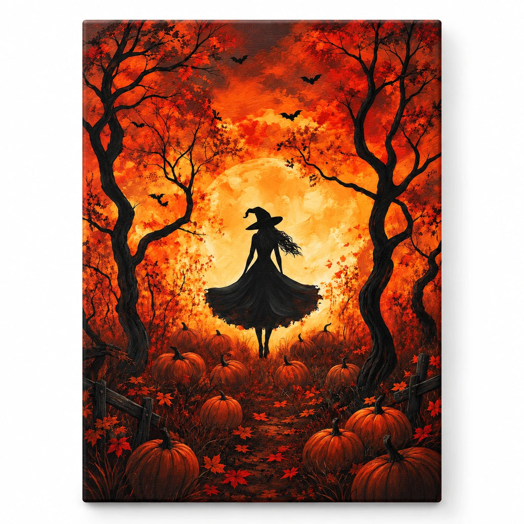 Moonlit Witch Among Pumpkins paint by numbers artwork on a front-facing canvas against a white background