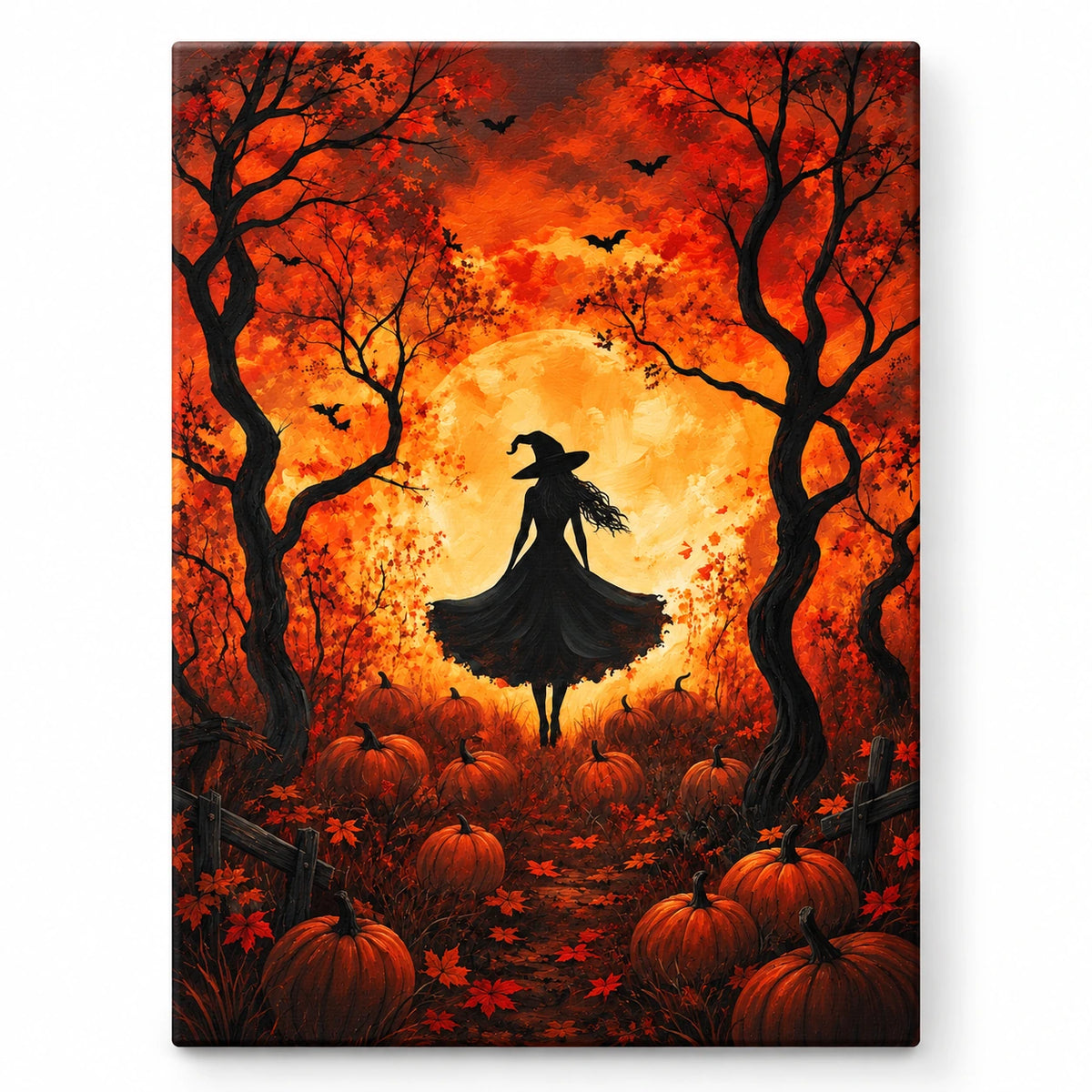 Moonlit Witch Among Pumpkins paint by numbers artwork on a front-facing canvas against a white background