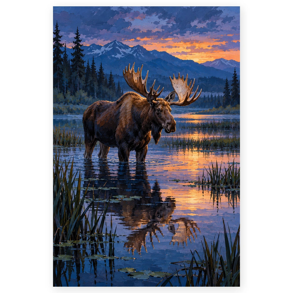 Moose in a Wetland at Blue Hour paint by numbers artwork on a front-facing canvas against a white background