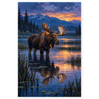 Moose in a Wetland at Blue Hour paint by numbers artwork on a front-facing canvas against a white background