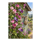 Morning Glories Garden Shed paint by numbers artwork on a front-facing canvas against a white background