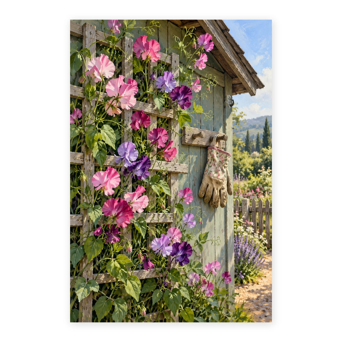 Morning Glories Garden Shed paint by numbers artwork on a front-facing canvas against a white background