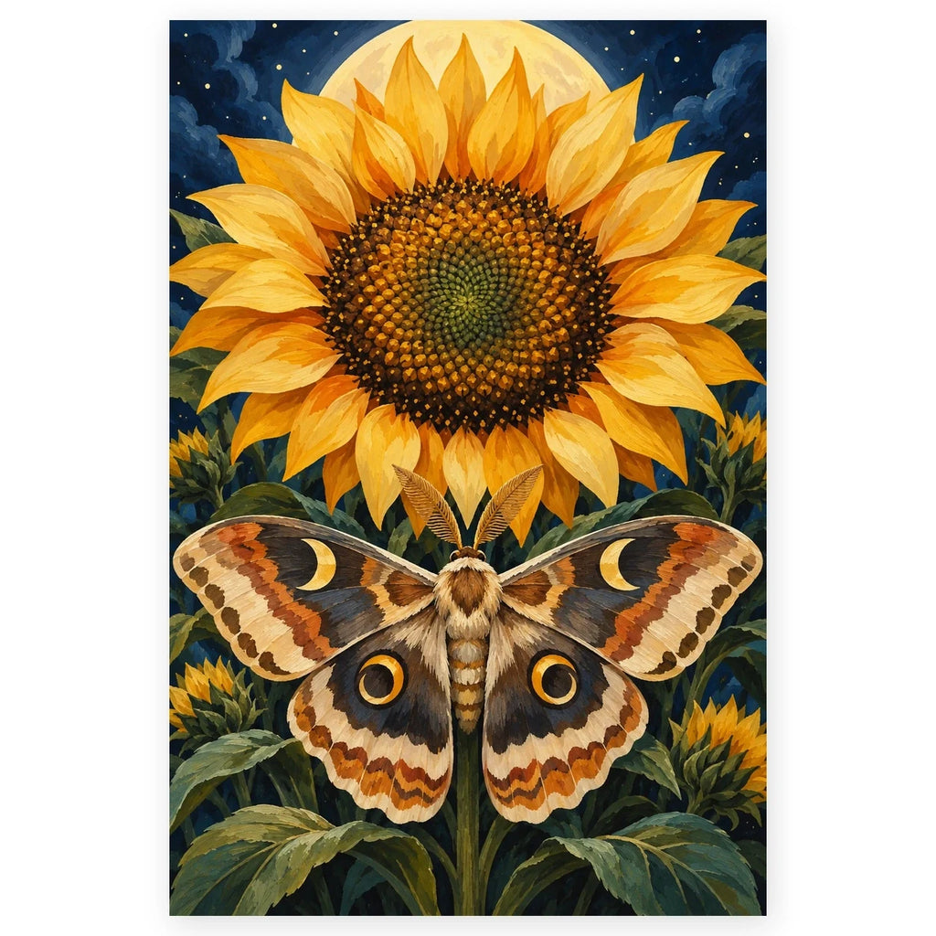 Full Moth Oracle Sunflower Disc paint by numbers artwork on a clean white square, complete design shown at its original proportions with a subtle soft shadow.