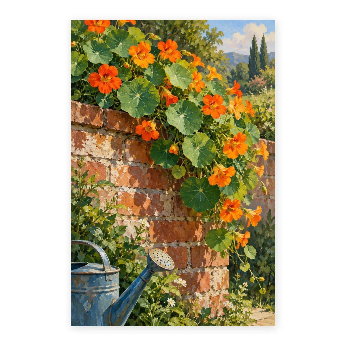 Nasturtiums Brick Wall paint by numbers artwork on a front-facing canvas against a white background
