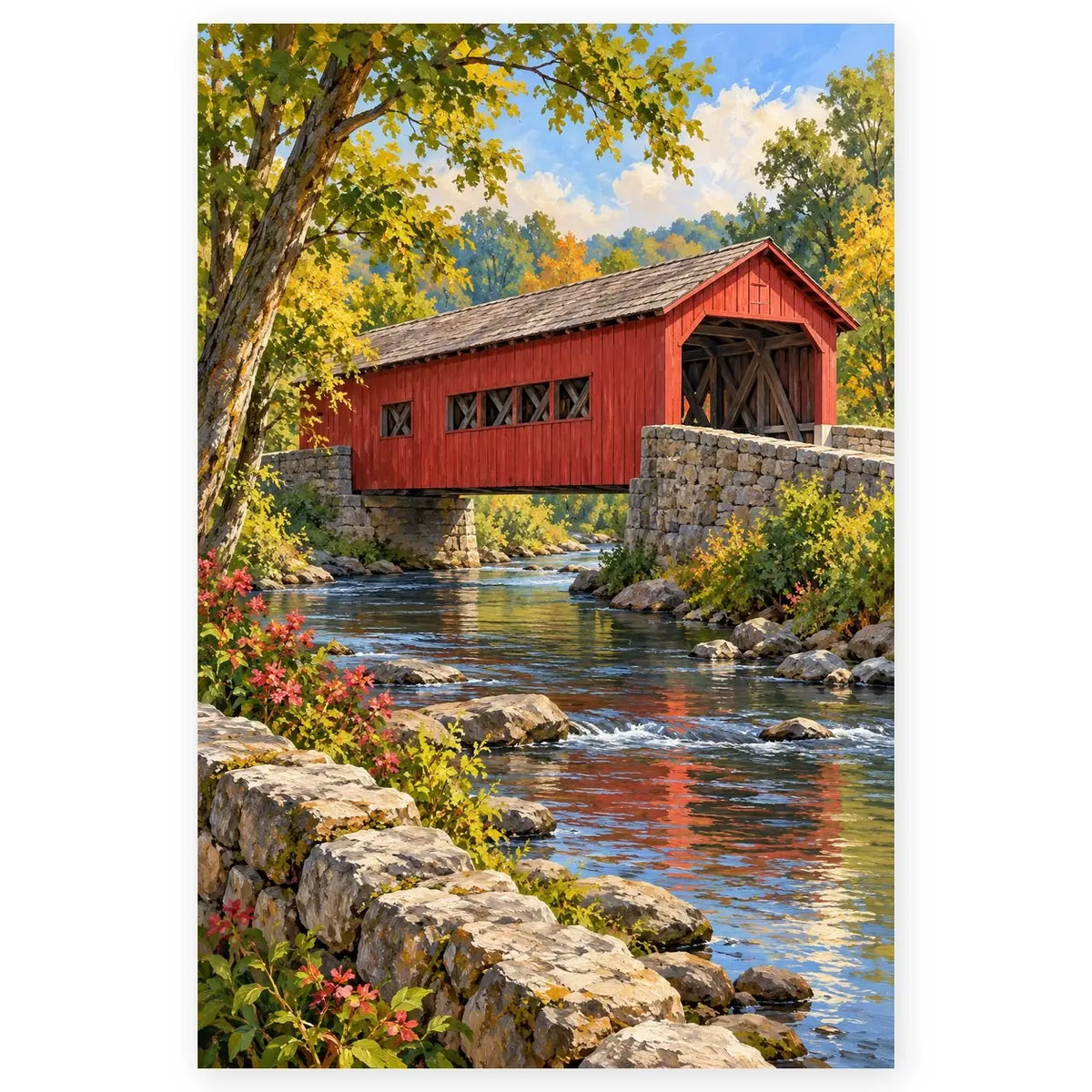 `01-new-england-covered-bridge-hero.webp` — Full New England Covered Bridge paint by numbers artwork centered on pure white in a 1:1 square, with original proportions preserved and a subtle soft shadow.