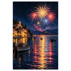 New Year Harbor Fireworks Reflection Paint by Numbers Kit artwork on a front-facing canvas against a white background.