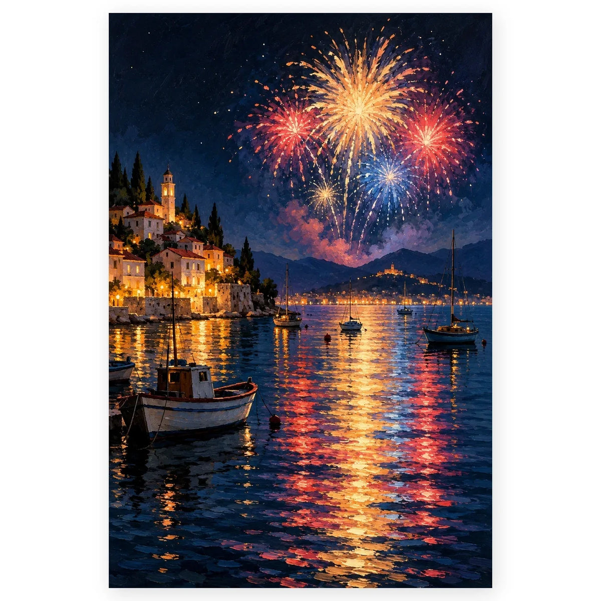 New Year Harbor Fireworks Reflection Paint by Numbers Kit artwork on a front-facing canvas against a white background.