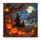 Night Watch by the Pumpkin Patch paint by numbers artwork on a front-facing canvas against a white background