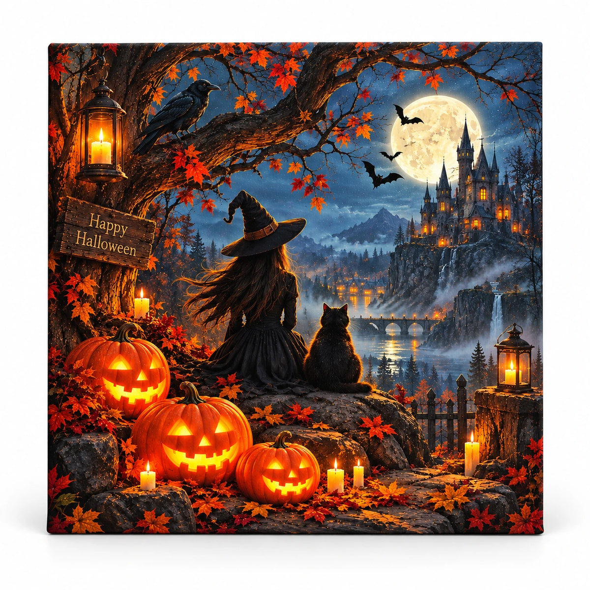Night Watch by the Pumpkin Patch paint by numbers artwork on a front-facing canvas against a white background