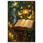An open spellbook rests beneath a glowing ornate lantern as luminous butterflies drift through a moonlit forest waterfall. Full original portrait artwork on a clean white background with a subtle soft shadow and original proportions preserved.