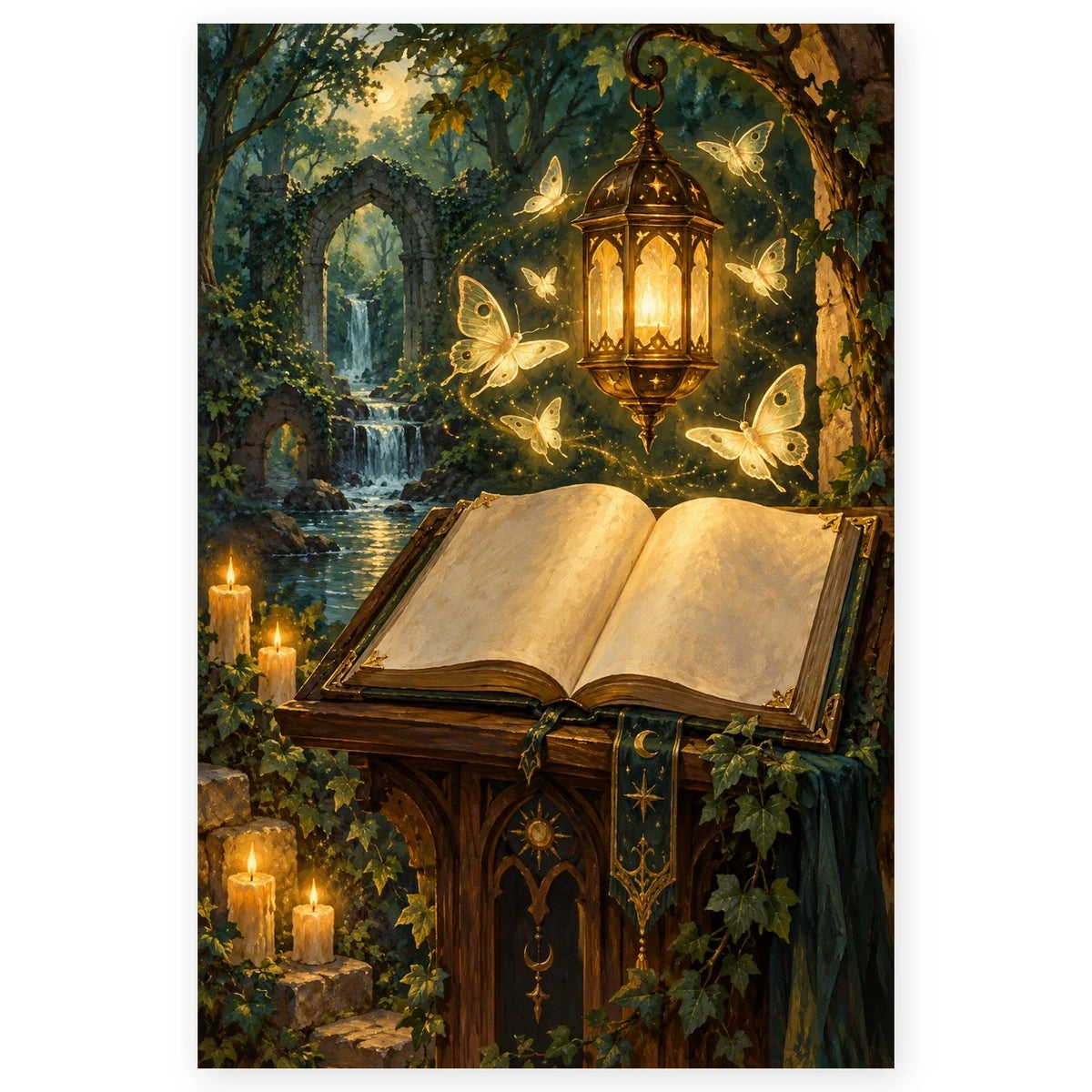 An open spellbook rests beneath a glowing ornate lantern as luminous butterflies drift through a moonlit forest waterfall. Full original portrait artwork on a clean white background with a subtle soft shadow and original proportions preserved.