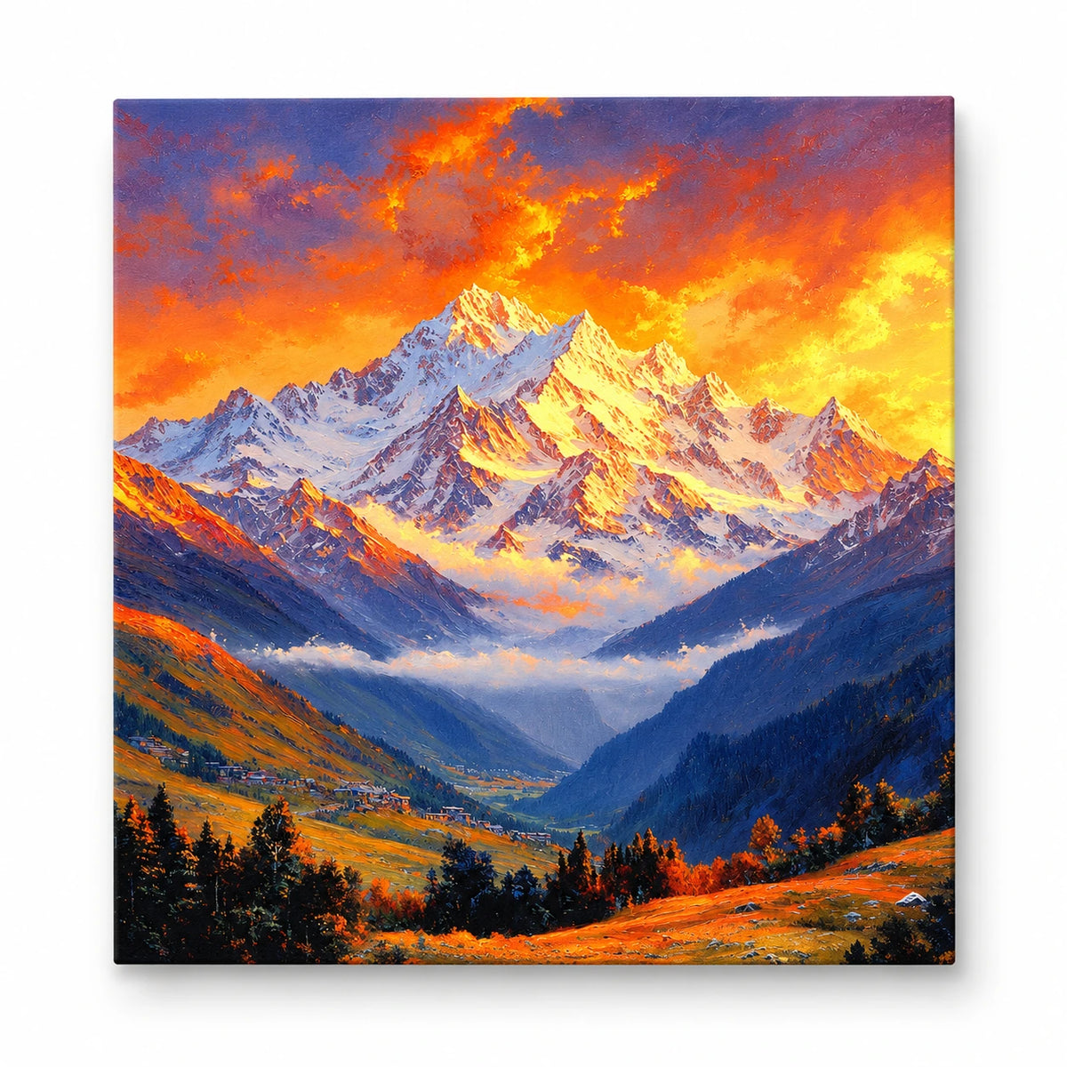 Orange Sky Alpine Mountain paint by numbers artwork on a front-facing canvas against a white background