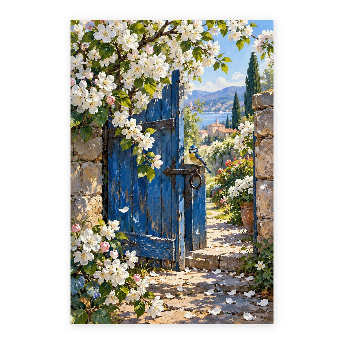 Orchard Blossom Blue Gate paint by numbers artwork on a front-facing canvas against a white background