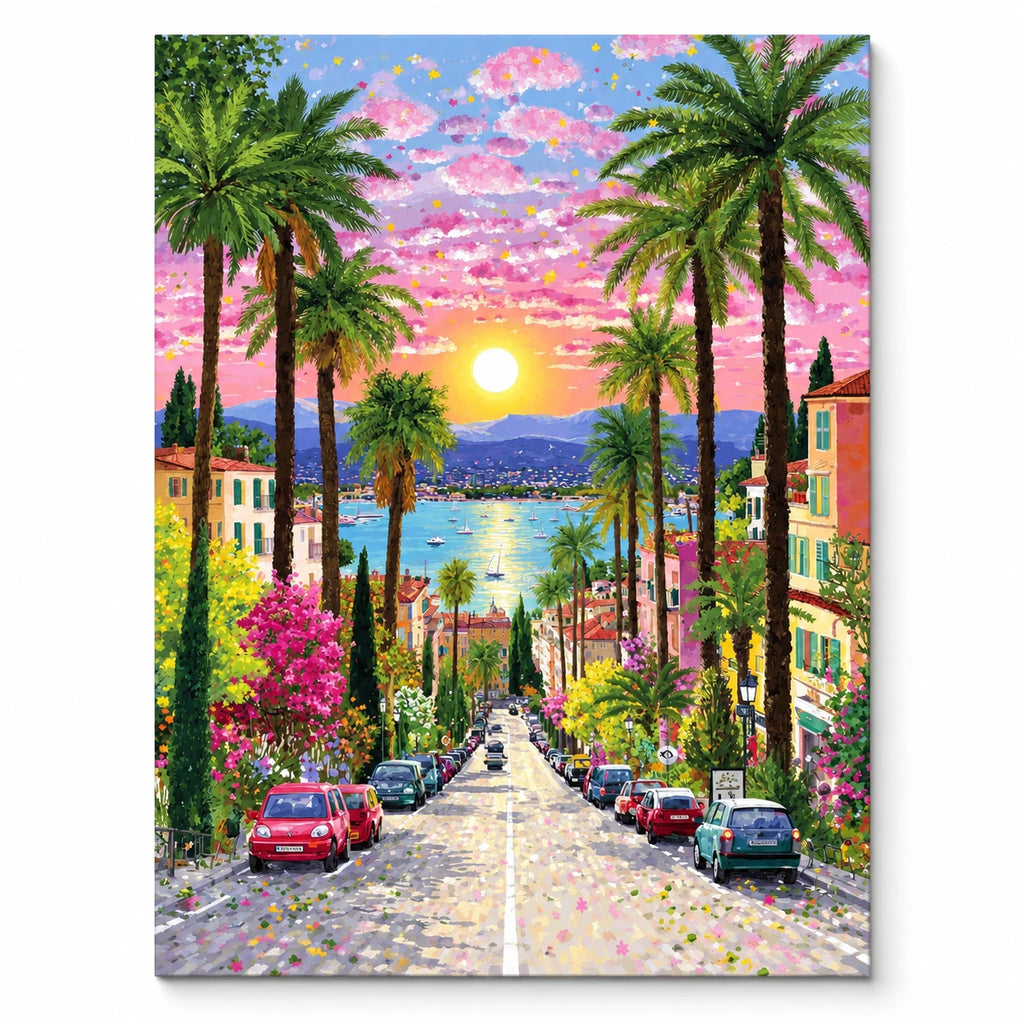 Palm Avenue Sunset by the Sea paint by numbers artwork on a front-facing canvas against a white background
