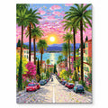 Palm Avenue Sunset by the Sea paint by numbers artwork on a front-facing canvas against a white background