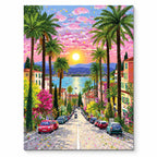 Palm Avenue Sunset by the Sea paint by numbers artwork on a front-facing canvas against a white background
