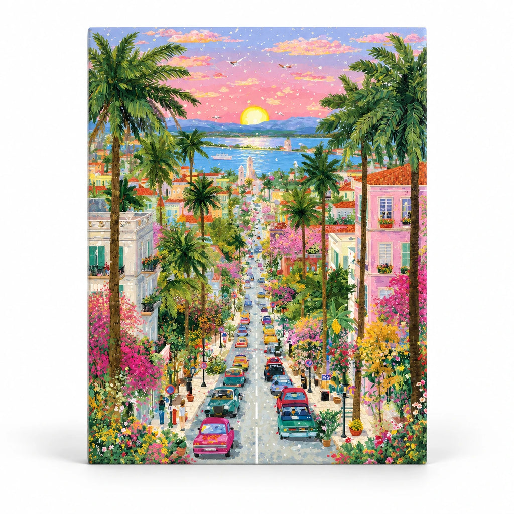 Palm Lined Coastal Town at Sunset paint by numbers artwork on a front-facing canvas against a white background