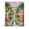 Palm Lined Coastal Town at Sunset paint by numbers artwork on a front-facing canvas against a white background