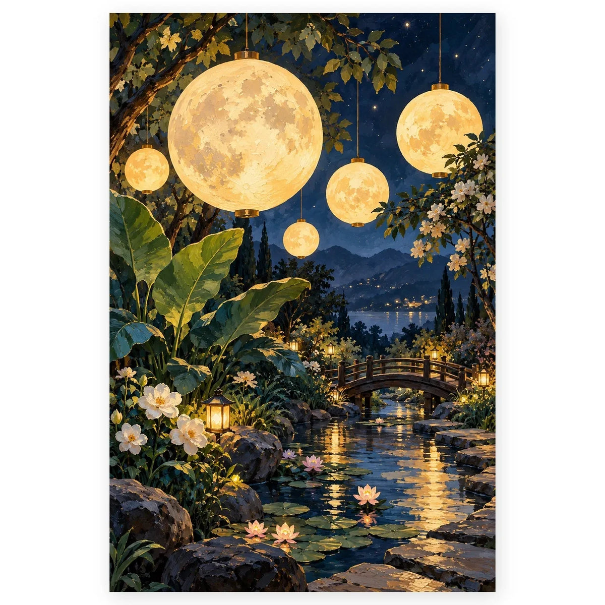 Full Paper Moons Indigo Garden paint by numbers artwork on a clean white square, complete design shown at its original proportions with a subtle soft shadow.