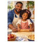 A father and young daughter prepare pastry together at a bright kitchen counter, rolling dough for a pie. Full original portrait artwork on a clean white background with a subtle soft shadow and original proportions preserved.
