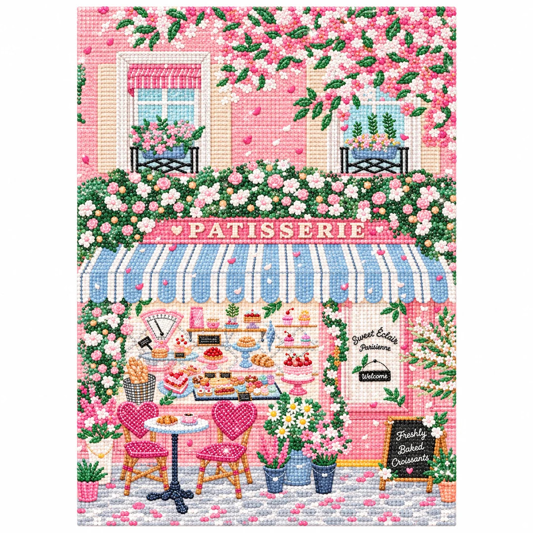 Completed pink Parisian patisserie artwork on white, diamond painting kit