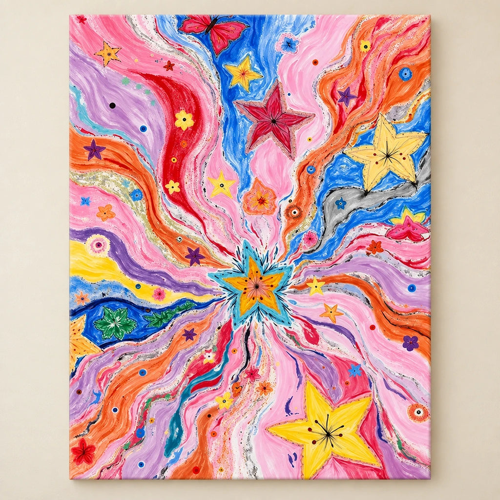 Pastel Butterfly Cosmic Burst paint by numbers artwork on a front-facing canvas against a white background