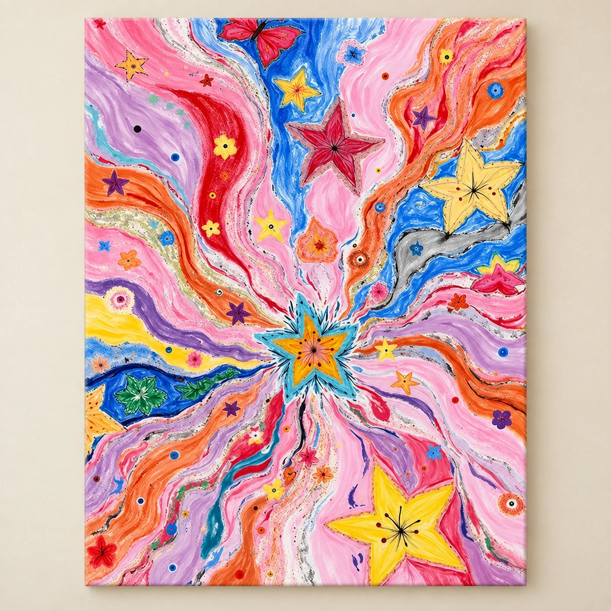 Pastel Butterfly Cosmic Burst paint by numbers artwork on a front-facing canvas against a white background