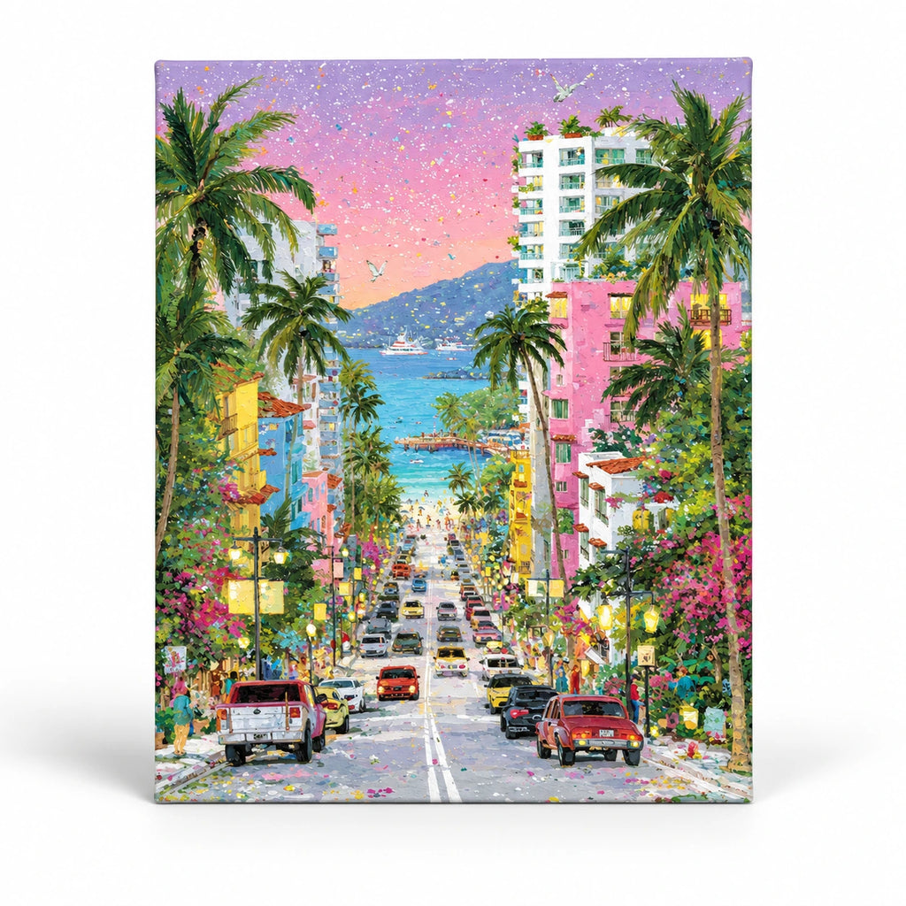 Pastel Seaside Street with Palms paint by numbers artwork on a front-facing canvas against a white background