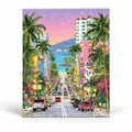 Pastel Seaside Street with Palms paint by numbers artwork on a front-facing canvas against a white background