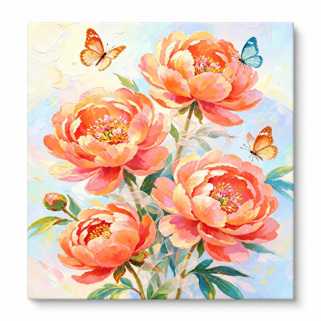 Peach Peonies and Butterflies paint by numbers artwork on a front-facing canvas against a white background