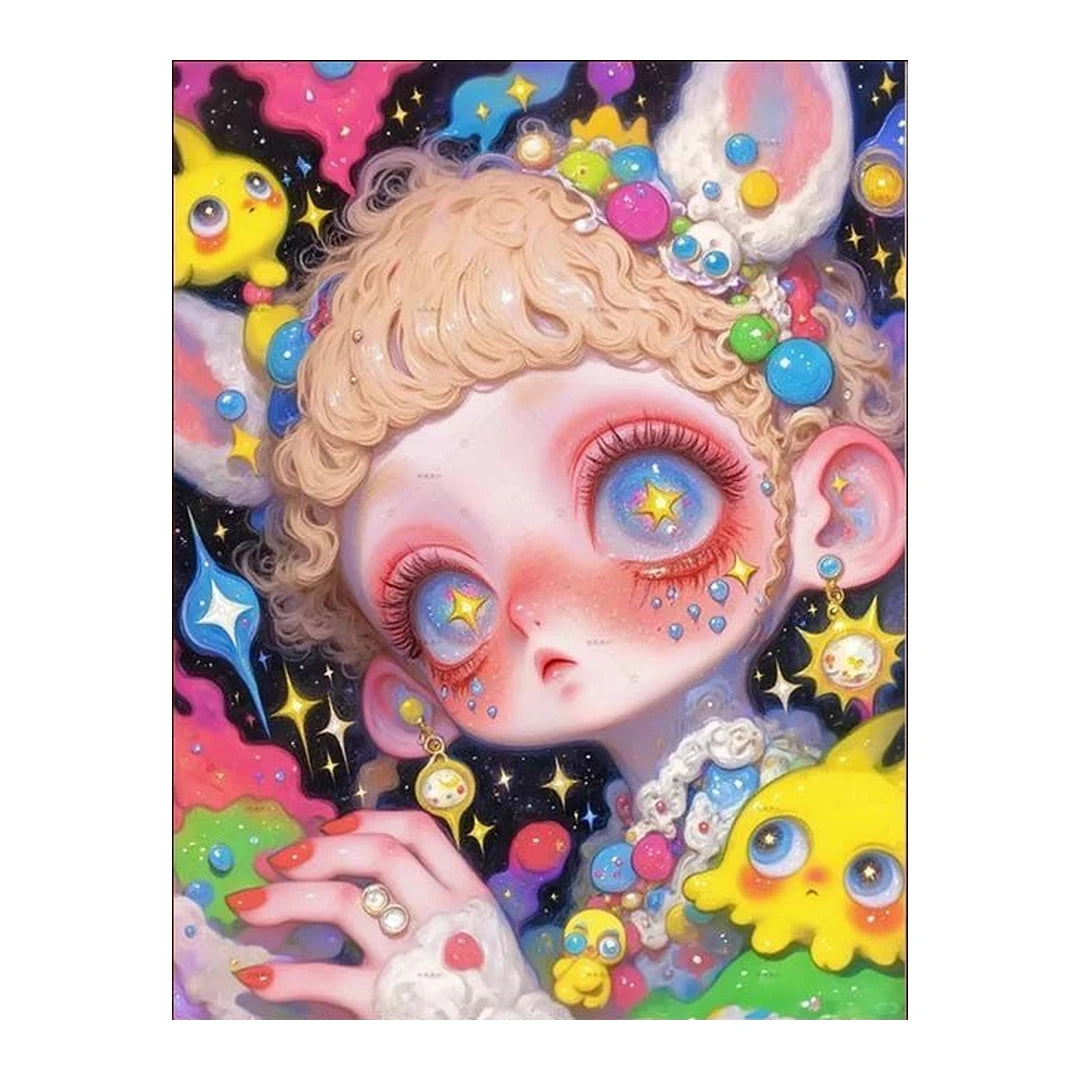 White-background original peach star bunny girl diamond painting artwork