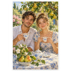 A young man and woman share tea at a blue-and-white table beneath a pear tree laden with fruit in a sunlit garden. Full original portrait artwork on a clean white background with a subtle soft shadow and original proportions preserved.