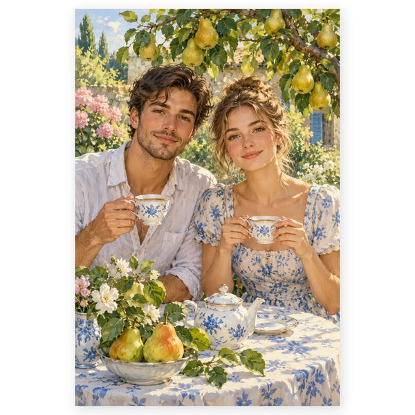 A young man and woman share tea at a blue-and-white table beneath a pear tree laden with fruit in a sunlit garden. Full original portrait artwork on a clean white background with a subtle soft shadow and original proportions preserved.