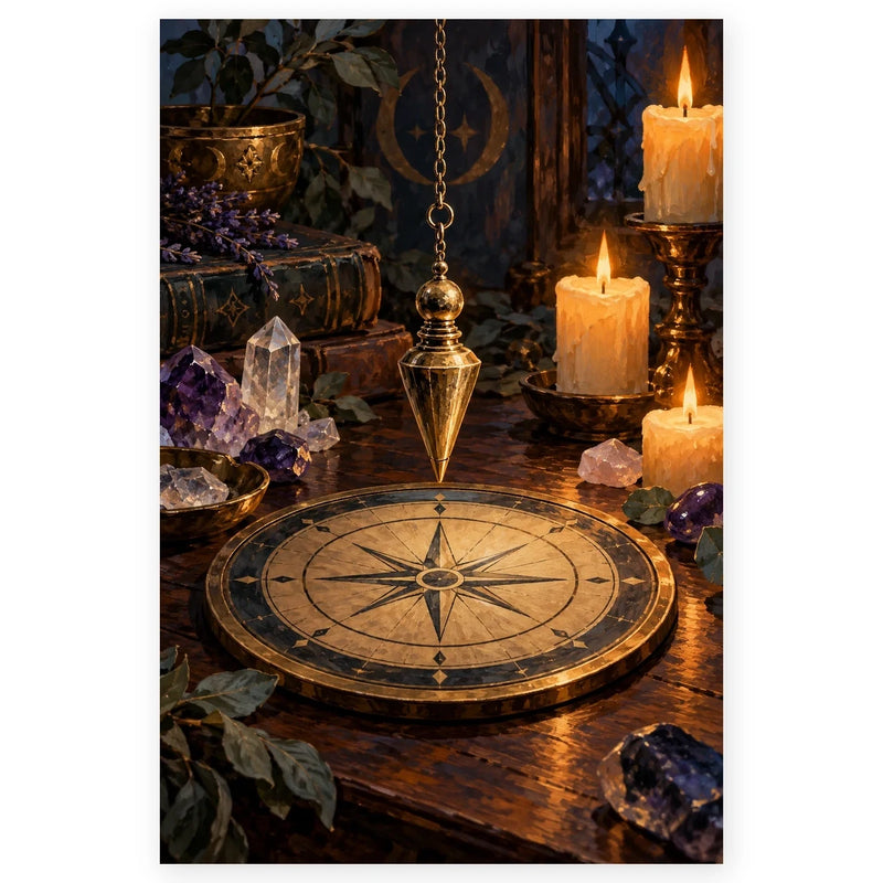A golden pendulum hangs over a detailed compass rose on a wooden table surrounded by candles, crystals, and herbs. Full original portrait artwork on a clean white background with a subtle soft shadow and original proportions preserved.