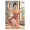 A ballerina in a pink dress practices a graceful pose beside a ballet barre in a softly lit studio. Full original portrait artwork on a clean white background with a subtle soft shadow and original proportions preserved.