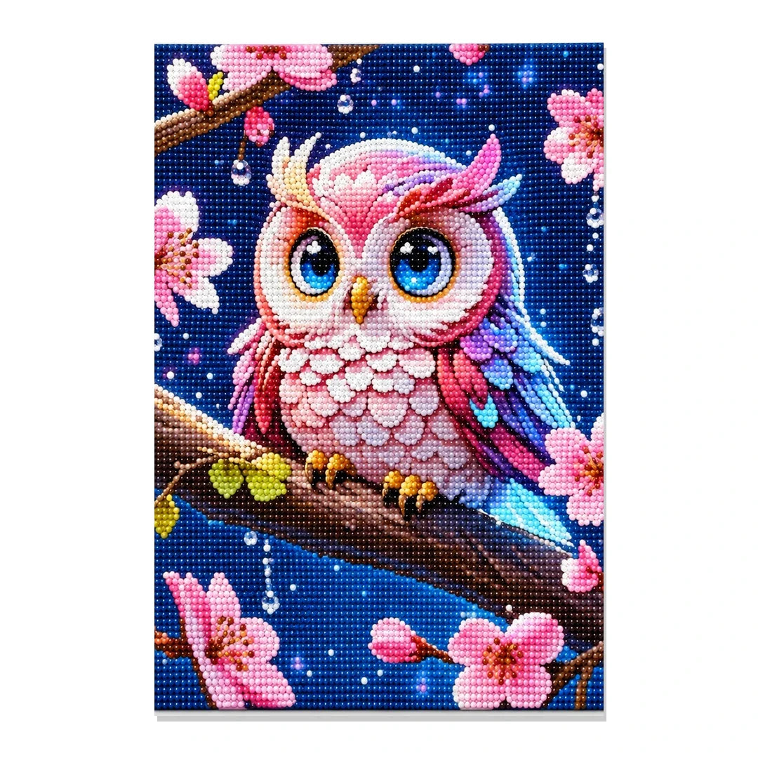 Completed Pink Blossom Owl 20 × 30 cm diamond painting on white