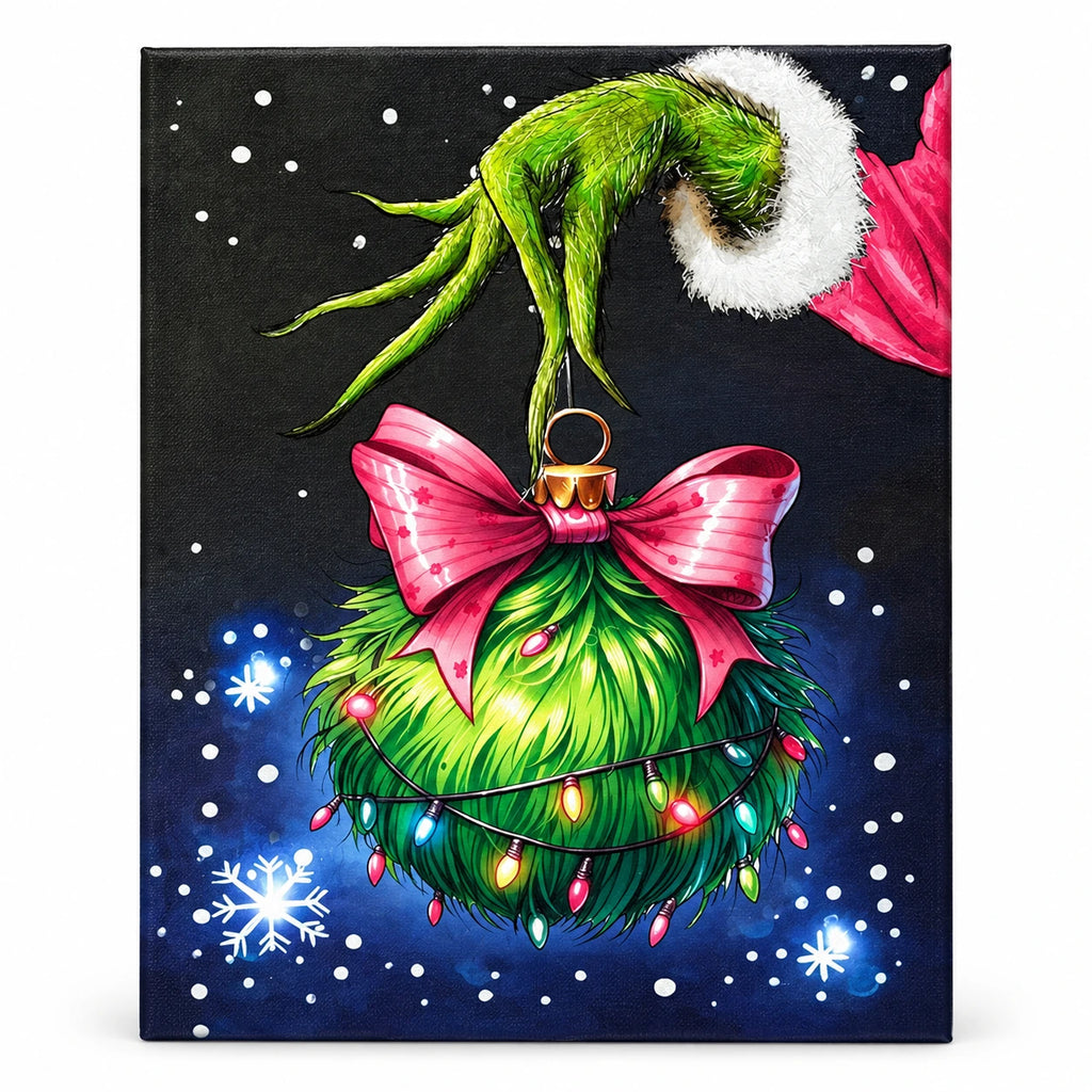 Pink Bow Christmas Ornament Character paint by numbers artwork on a front-facing canvas against a white background