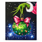 Pink Bow Christmas Ornament Character paint by numbers artwork on a front-facing canvas against a white background