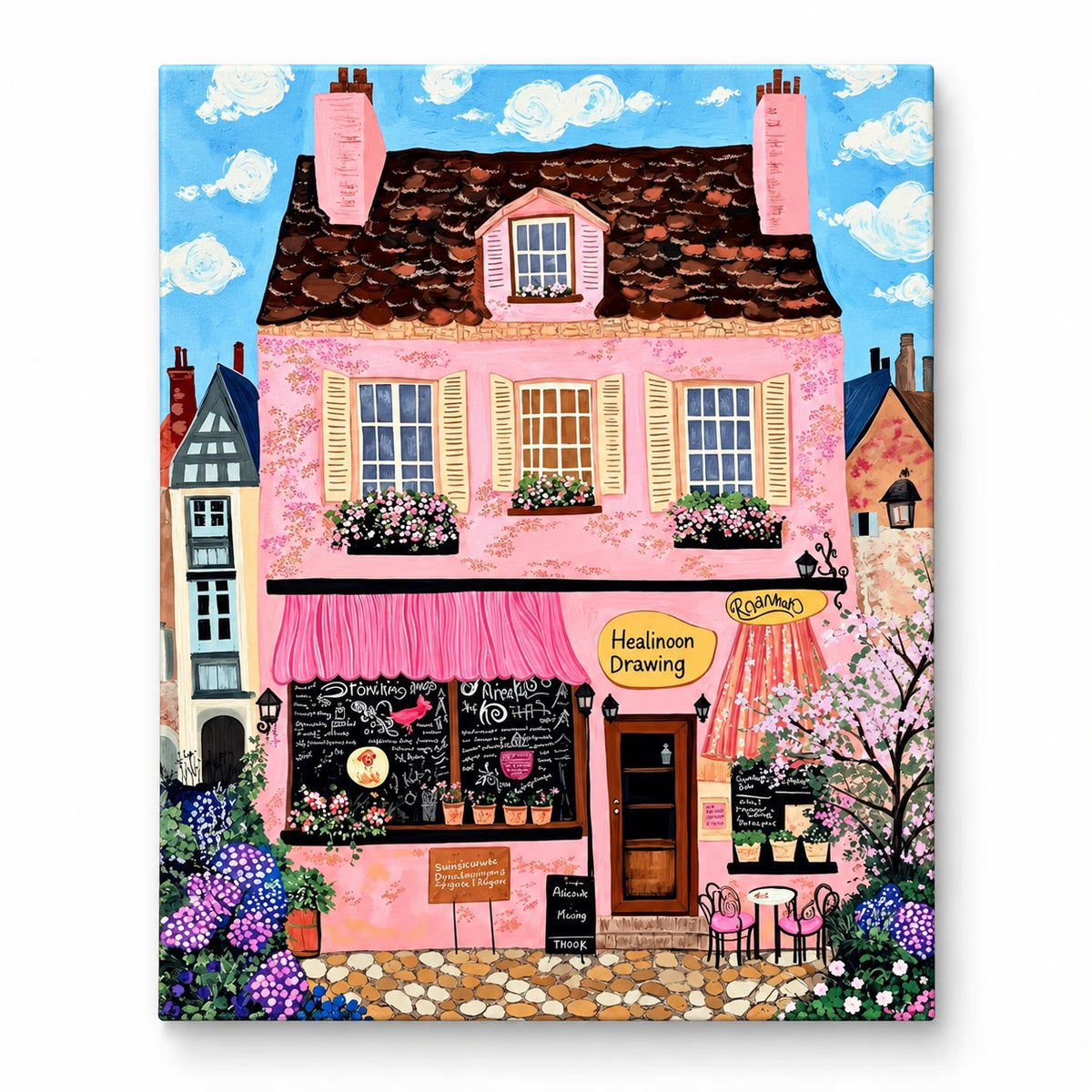 Pink European Cafe Cottage Paint by Numbers artwork shown on a front-facing frameless canvas against a white background