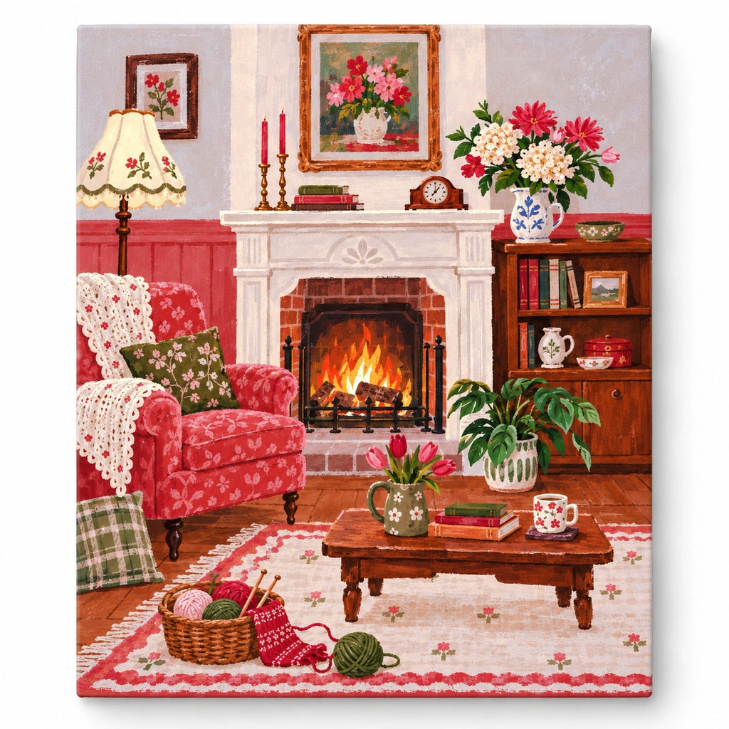 Pink Floral Armchair by the Fireplace artwork on a front-facing frameless canvas against a white background.